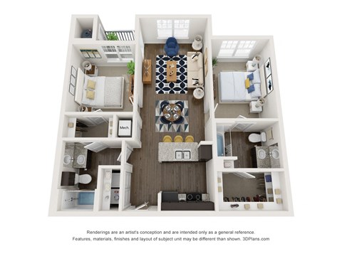 Floor plan for 2 beds, 2 baths, 938 sqft